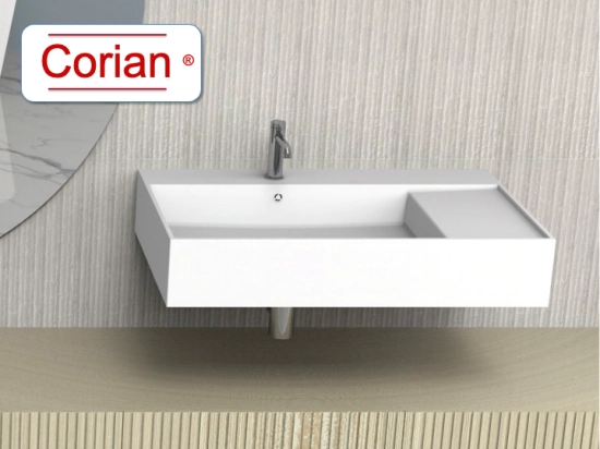 Vasque lavabo design rectangulaire, suspendu ou à poser, Couleur blanc mat, Finition lisse, Solid-Surface Corian®, Taille : 80 x 49 x 15 cm - Stock disponible ! LIVRAISON OFFERTE
